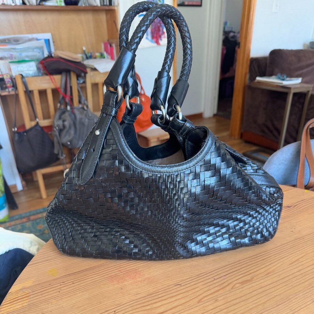 Cole Haan Black Woven Leather Shoulder Bag – Classic & Elegant